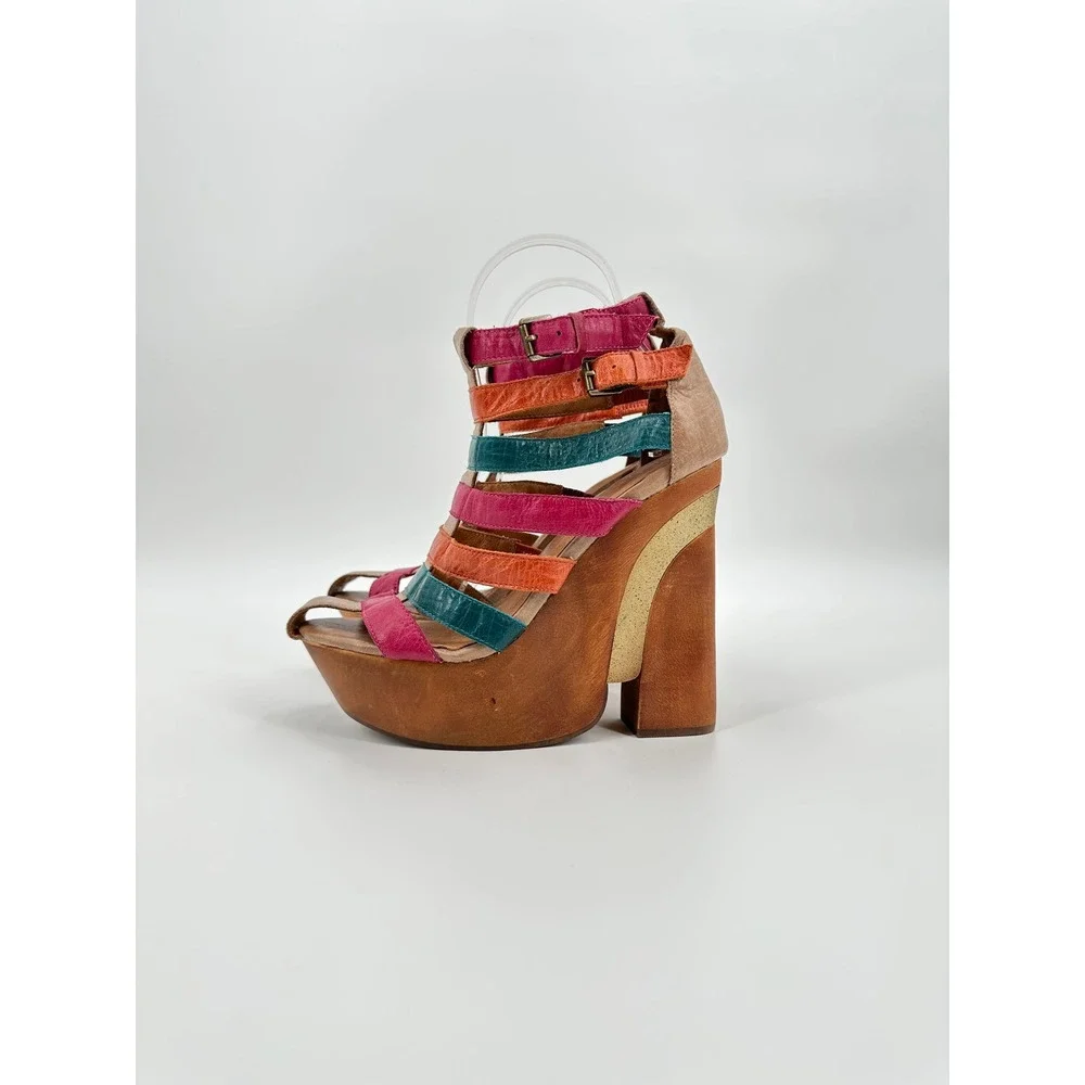 Jeffrey Campbell Ibiza Last Multi Color Leather Strappy Wood Platform Sandal 7.5